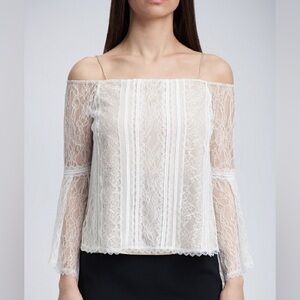 Alice + Olivia Off Shoulder Lace Blouse XS Ivory Bell Sleeve Sheer Top NWT